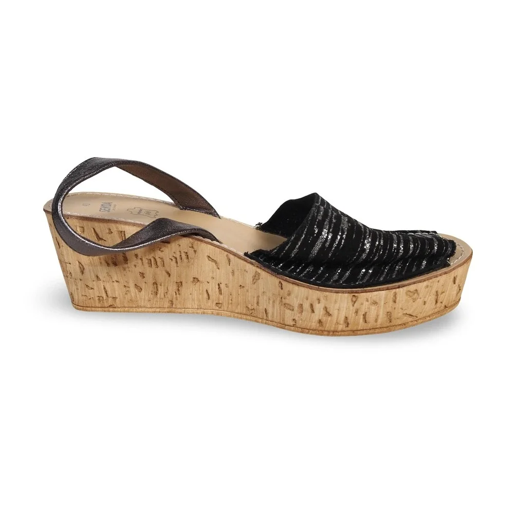 Senda Road Platform Cork Wedge Sandals Women's 9/40 Black Silver Slingback